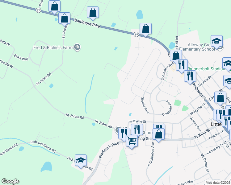 map of restaurants, bars, coffee shops, grocery stores, and more near 620 Saint Johns Road in Littlestown