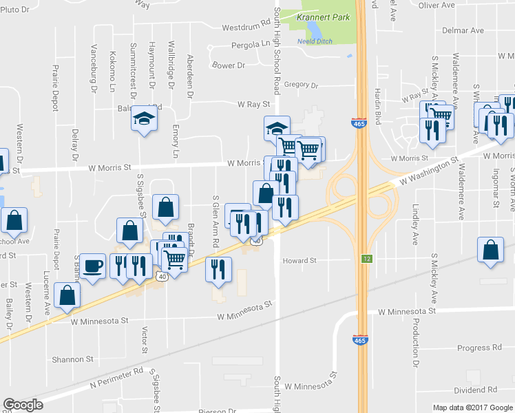 map of restaurants, bars, coffee shops, grocery stores, and more near 6331 Dunn Way in Indianapolis
