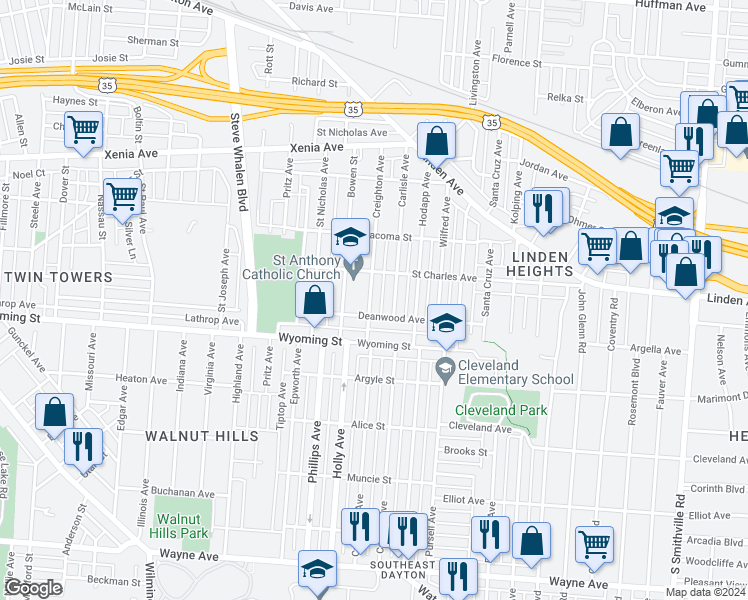 map of restaurants, bars, coffee shops, grocery stores, and more near 836 Creighton Avenue in Dayton