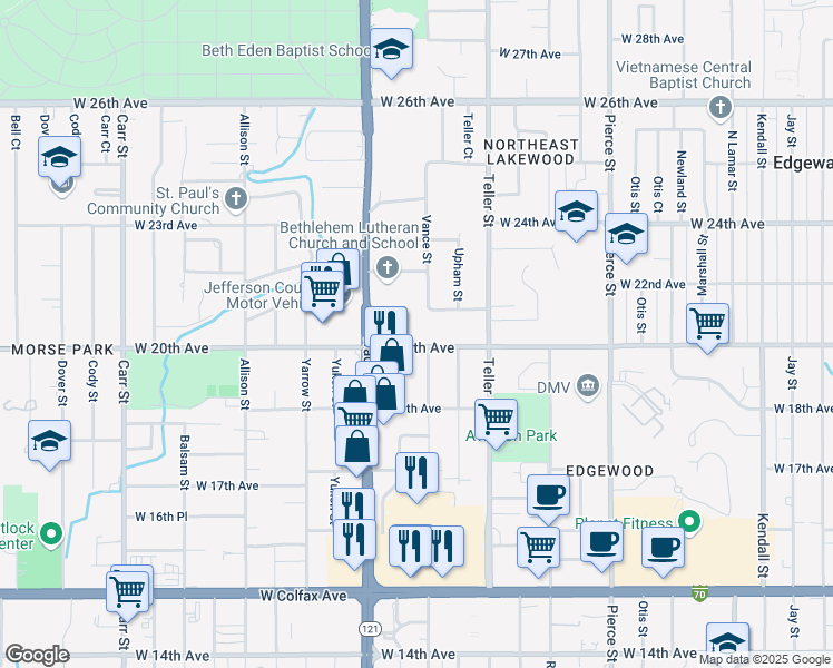 map of restaurants, bars, coffee shops, grocery stores, and more near 2020 Wadsworth Boulevard in Lakewood