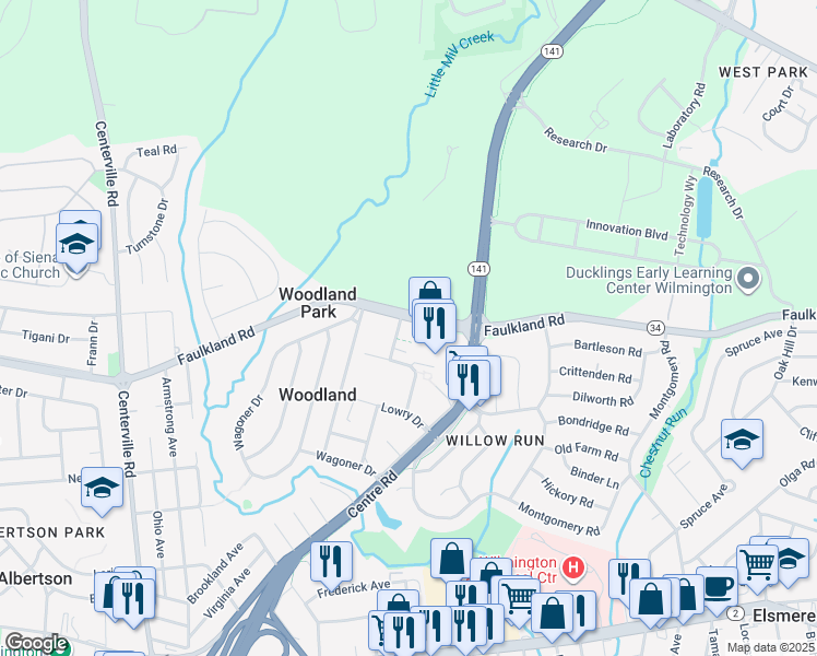 map of restaurants, bars, coffee shops, grocery stores, and more near 13 Lowry Drive in Wilmington