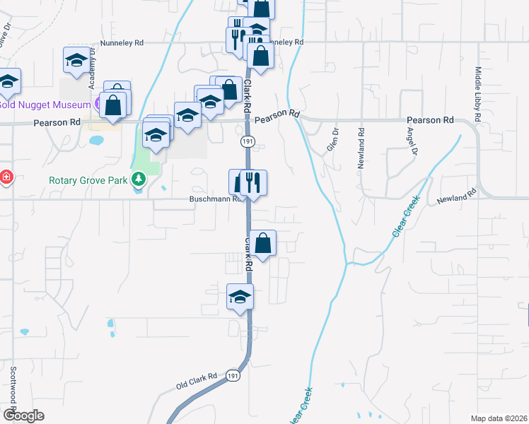 map of restaurants, bars, coffee shops, grocery stores, and more near 5522 Clark Road in Paradise