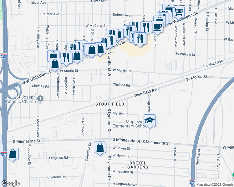 map of restaurants, bars, coffee shops, grocery stores, and more near 5215 Chelsea Road in Indianapolis