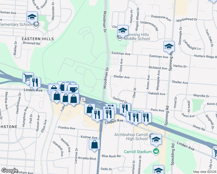 map of restaurants, bars, coffee shops, grocery stores, and more near 1224 Sanford Drive in Dayton