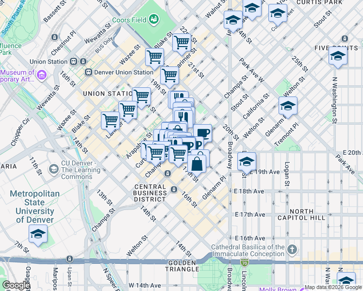 map of restaurants, bars, coffee shops, grocery stores, and more near in Denver