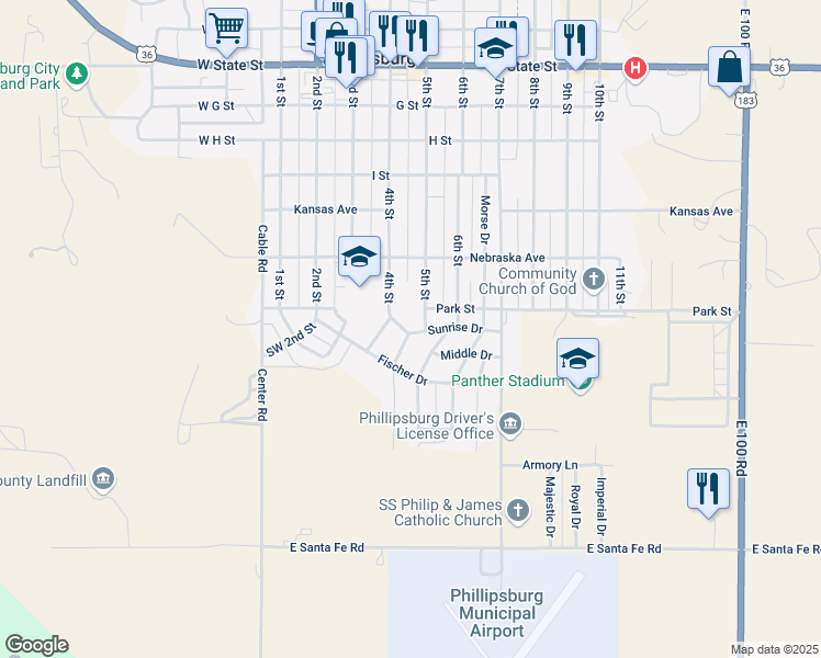 map of restaurants, bars, coffee shops, grocery stores, and more near 128 Southeast 4th Street in Phillipsburg