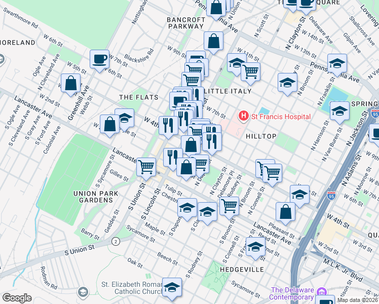 map of restaurants, bars, coffee shops, grocery stores, and more near 1824 West 4th Street in Wilmington