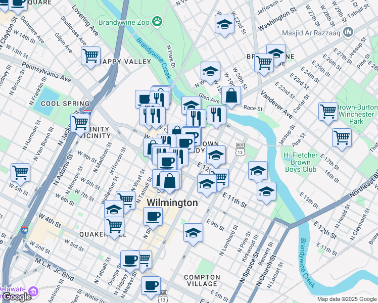 map of restaurants, bars, coffee shops, grocery stores, and more near 1201 North Market Street in Wilmington