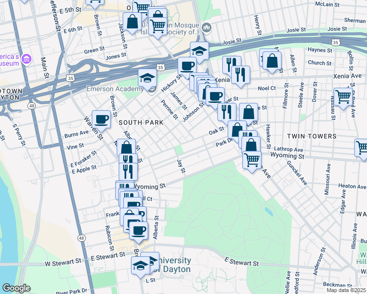 map of restaurants, bars, coffee shops, grocery stores, and more near 500 Oak Street in Dayton