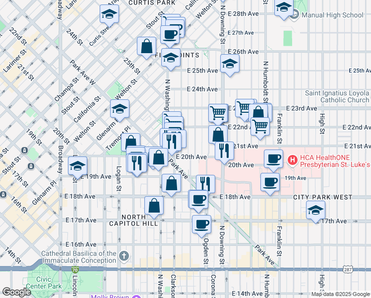 map of restaurants, bars, coffee shops, grocery stores, and more near 2055 Emerson Street in Denver