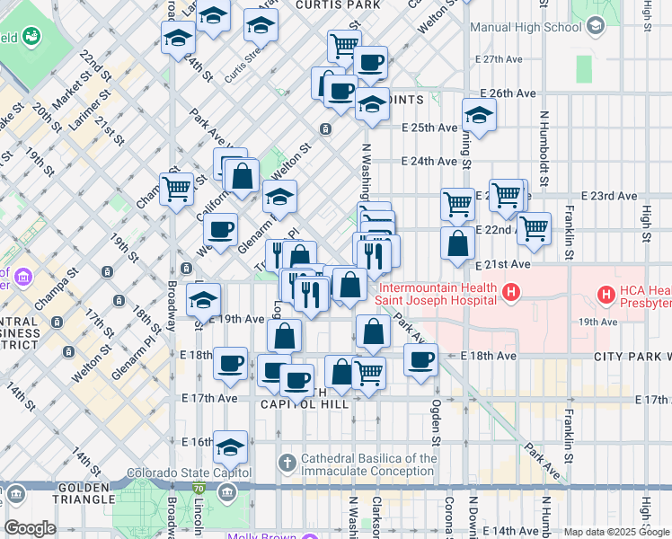map of restaurants, bars, coffee shops, grocery stores, and more near 2350 Cleveland Place in Denver