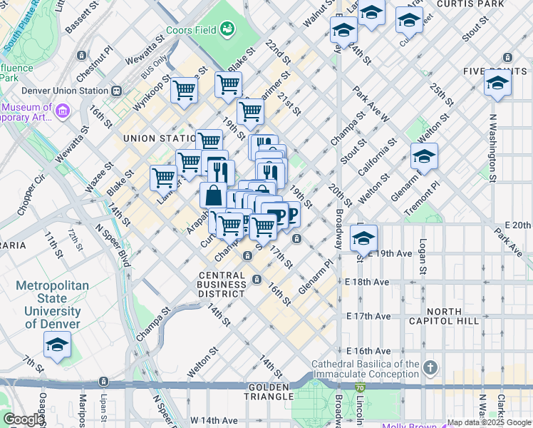 map of restaurants, bars, coffee shops, grocery stores, and more near 1776 Curtis Street in Denver