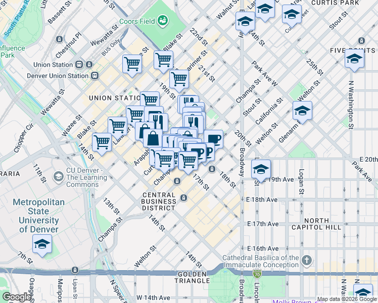 map of restaurants, bars, coffee shops, grocery stores, and more near in Denver