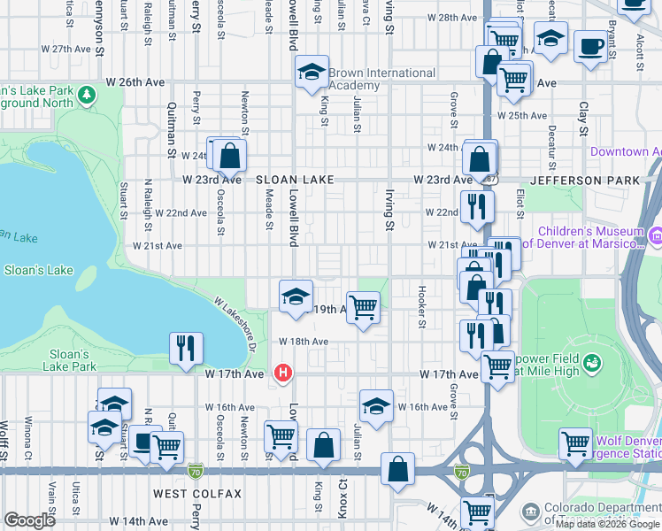 map of restaurants, bars, coffee shops, grocery stores, and more near 3488 West 21st Avenue in Denver
