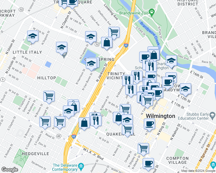 map of restaurants, bars, coffee shops, grocery stores, and more near 829 West 9th Street in Wilmington