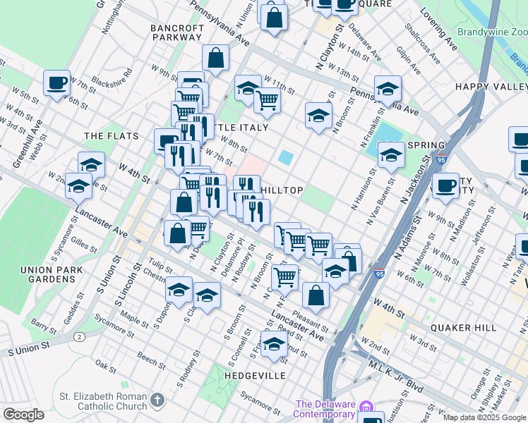 map of restaurants, bars, coffee shops, grocery stores, and more near 524 North Clayton Street in Wilmington