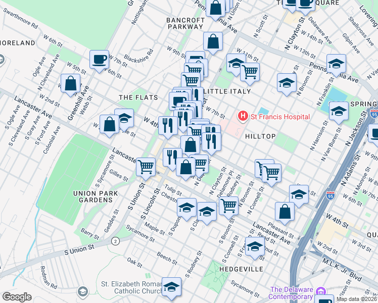 map of restaurants, bars, coffee shops, grocery stores, and more near 1824 West 4th Street in Wilmington