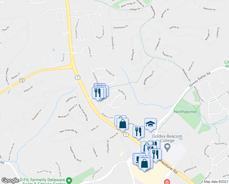 map of restaurants, bars, coffee shops, grocery stores, and more near 1605 Braken Avenue in Wilmington