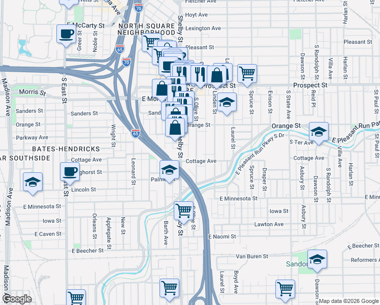 map of restaurants, bars, coffee shops, grocery stores, and more near 1406 Olive Street in Indianapolis