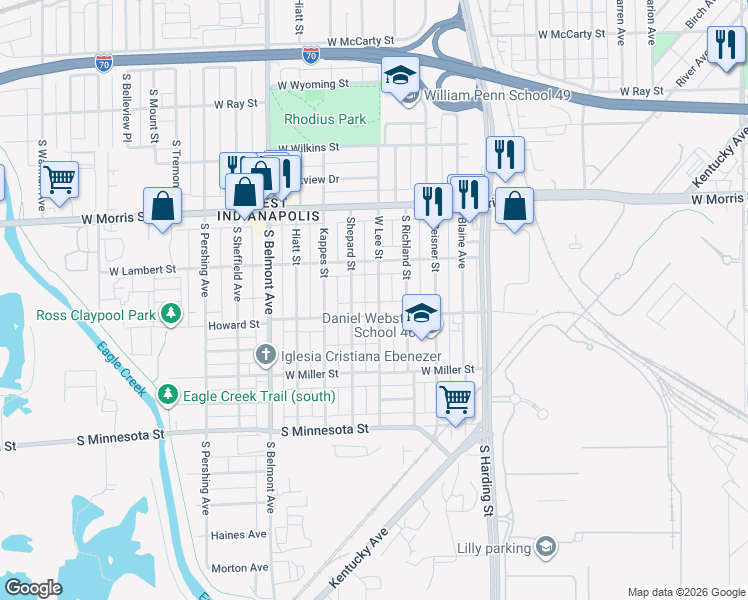 map of restaurants, bars, coffee shops, grocery stores, and more near 1321 West Lee Street in Indianapolis