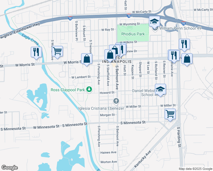map of restaurants, bars, coffee shops, grocery stores, and more near 1321 South Pershing Avenue in Indianapolis