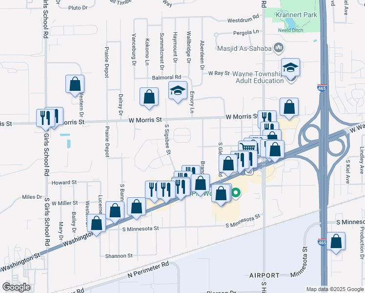 map of restaurants, bars, coffee shops, grocery stores, and more near 6638 Sunbury Drive in Indianapolis