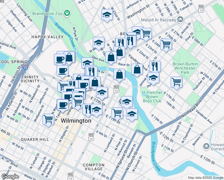map of restaurants, bars, coffee shops, grocery stores, and more near 208 East 14th Street in Wilmington