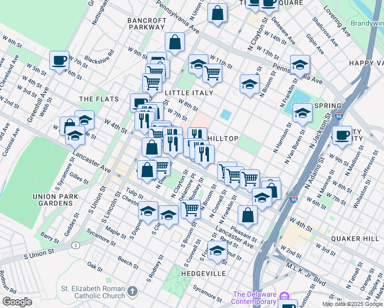 map of restaurants, bars, coffee shops, grocery stores, and more near 415 North Clayton Street in Wilmington