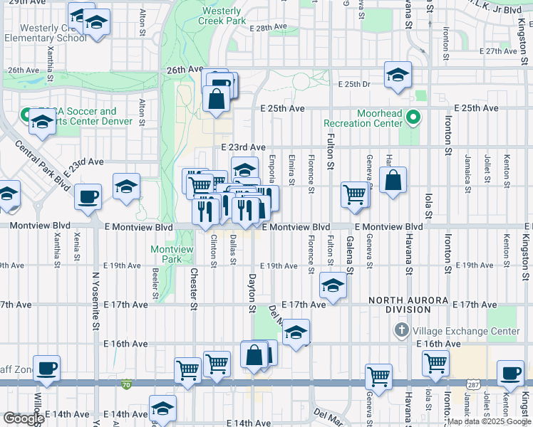 map of restaurants, bars, coffee shops, grocery stores, and more near 2050 Emporia Street in Aurora