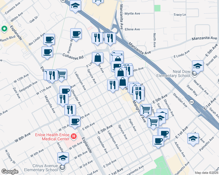 map of restaurants, bars, coffee shops, grocery stores, and more near 498 East 8th Avenue in Chico