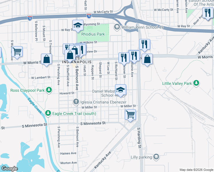 map of restaurants, bars, coffee shops, grocery stores, and more near 1321 West Lee Street in Indianapolis
