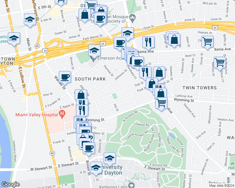 map of restaurants, bars, coffee shops, grocery stores, and more near 502 Oak Street in Dayton