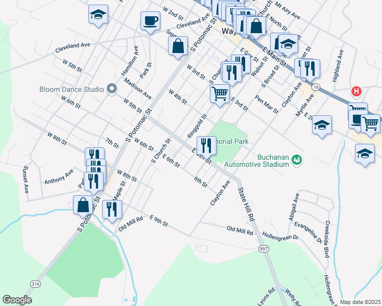 map of restaurants, bars, coffee shops, grocery stores, and more near 52 East 5th Street in Waynesboro
