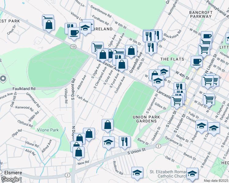 map of restaurants, bars, coffee shops, grocery stores, and more near 31 Colonial Avenue in Wilmington