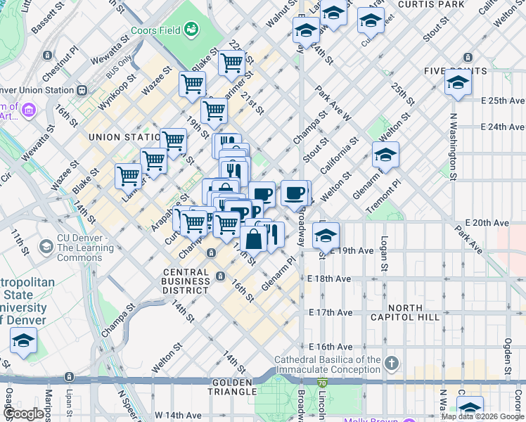 map of restaurants, bars, coffee shops, grocery stores, and more near 1847 California Street in Denver