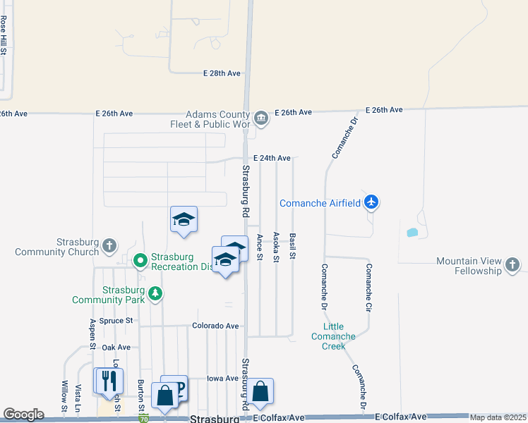 map of restaurants, bars, coffee shops, grocery stores, and more near 2240 Ance Street in Strasburg