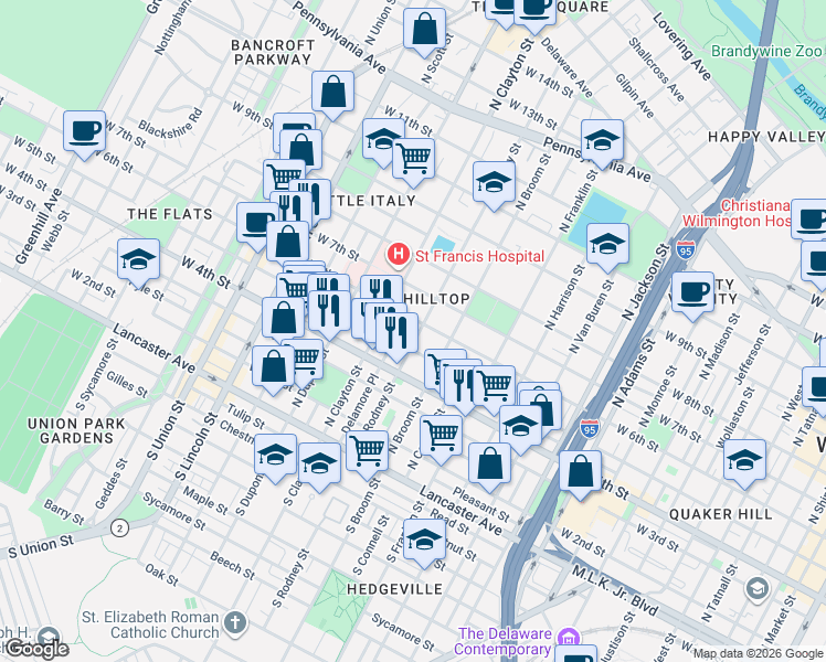 map of restaurants, bars, coffee shops, grocery stores, and more near 505 North Rodney Street in Wilmington