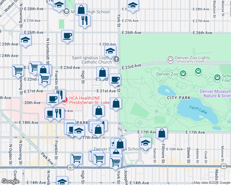 map of restaurants, bars, coffee shops, grocery stores, and more near in Denver