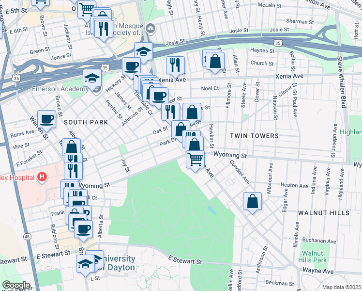 map of restaurants, bars, coffee shops, grocery stores, and more near 358 Park Drive in Dayton