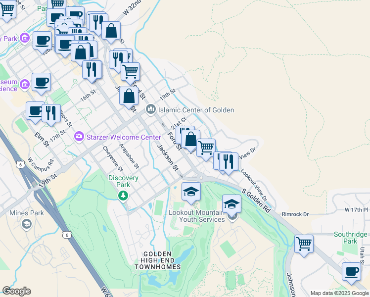 map of restaurants, bars, coffee shops, grocery stores, and more near 2215 Ford Street in Golden