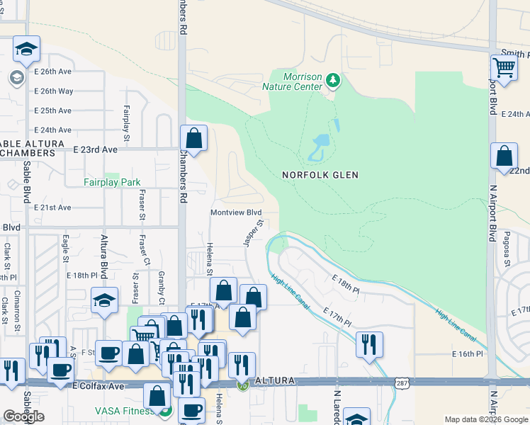 map of restaurants, bars, coffee shops, grocery stores, and more near 19031 Montview Boulevard in Aurora