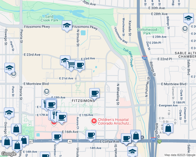 map of restaurants, bars, coffee shops, grocery stores, and more near 13021 East 21st Avenue in Aurora