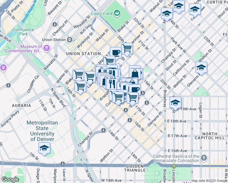 map of restaurants, bars, coffee shops, grocery stores, and more near in Denver