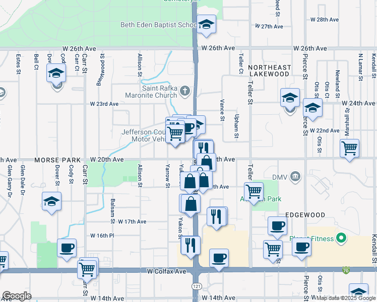 map of restaurants, bars, coffee shops, grocery stores, and more near 2121 Wadsworth Boulevard in Lakewood