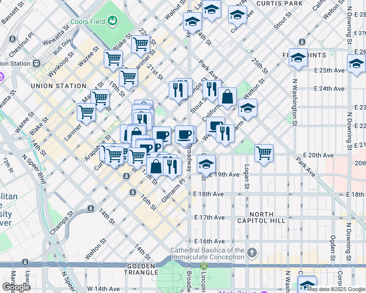 map of restaurants, bars, coffee shops, grocery stores, and more near 1900 California Street in Denver