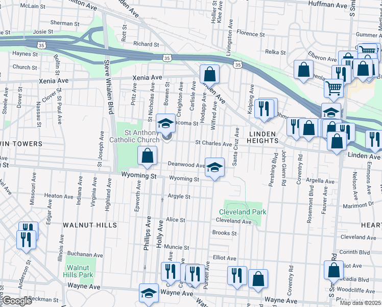 map of restaurants, bars, coffee shops, grocery stores, and more near 830 Carlisle Avenue in Dayton