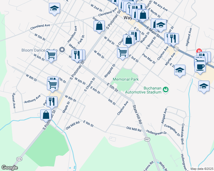 map of restaurants, bars, coffee shops, grocery stores, and more near 52 East 5th Street in Waynesboro