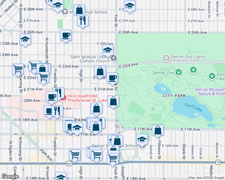 map of restaurants, bars, coffee shops, grocery stores, and more near in Denver