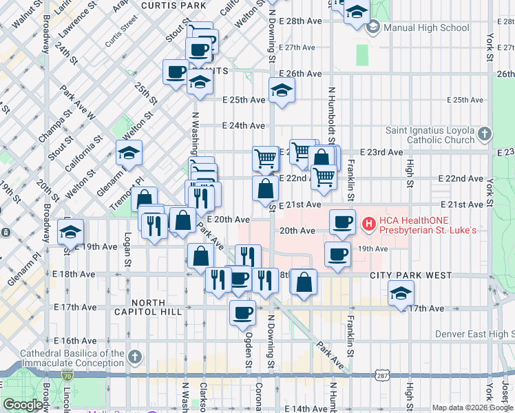map of restaurants, bars, coffee shops, grocery stores, and more near 2046 North Ogden Street in Denver