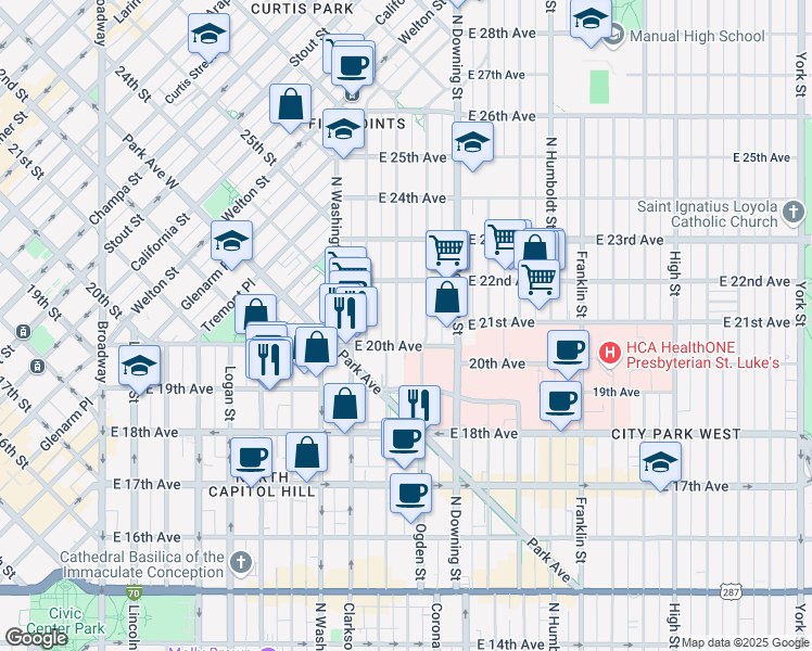 map of restaurants, bars, coffee shops, grocery stores, and more near 2055 Emerson Street in Denver